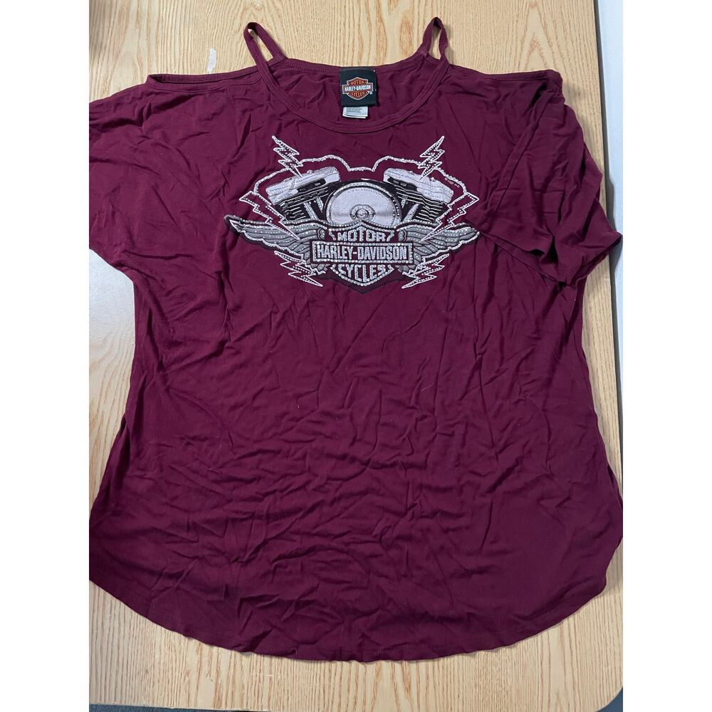 B40 Women’s Harley Davidson Cold Shoulder Rhinestones Tee Burgundy size XL